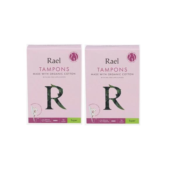 2 Pack Rael Tampons SUPER Absorbency Organic Cotton BPA-Free Applicator 16 ea - Picture 1 of 1